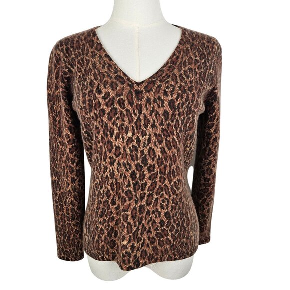 Neiman Marcus 100% Pure Cashmere Sweater Size Small Leopard Print Brown Preppy - Picture 1 of 8